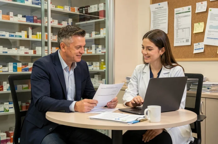 Pharmaceutical consultant and pharmacy owner analyzing management reports together in a pharmacy office