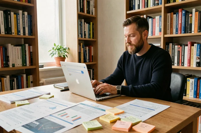 Consultant SEO masculin travaillant sur un audit de site web depuis son bureau à domicile entouré de rapports imprimés