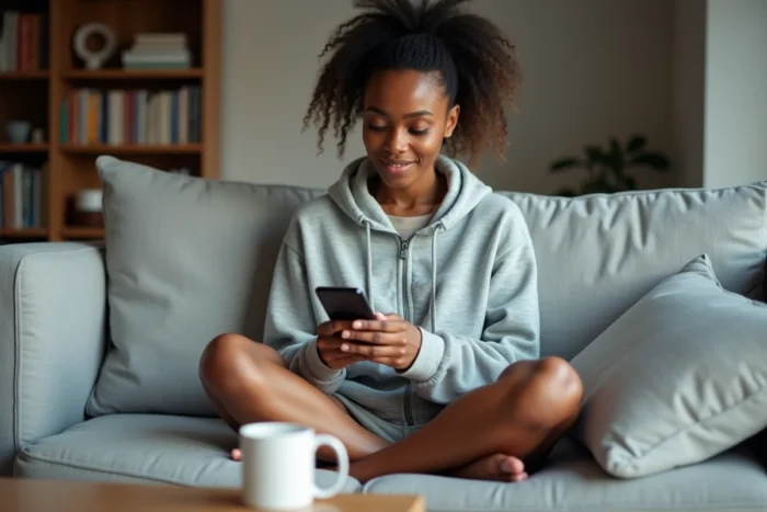 Mère consultant les avis sur une application de garde d'enfant depuis son canapé