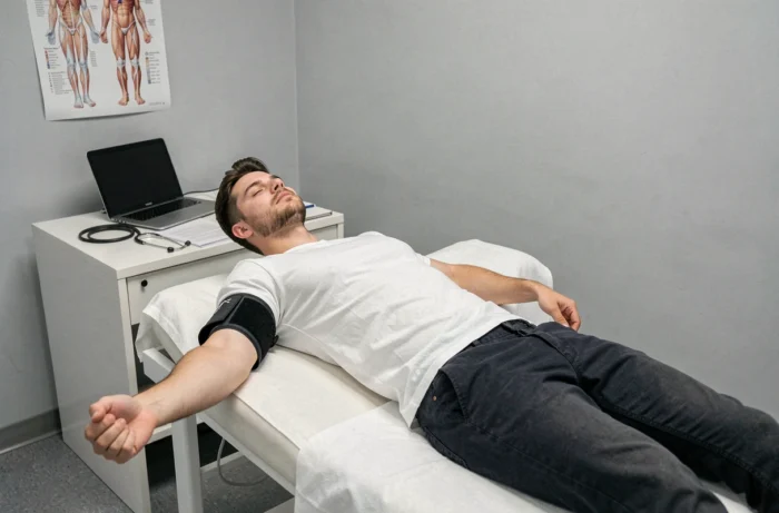 Giovane uomo sdraiato con un misuratore di pressione durante una visita medica dopo un malessere vagale