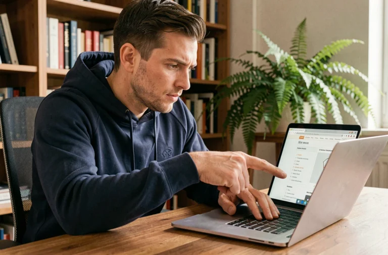 Homme consultant la page sitemap d'un site sportif sur un ordinateur portable dans un bureau à domicile