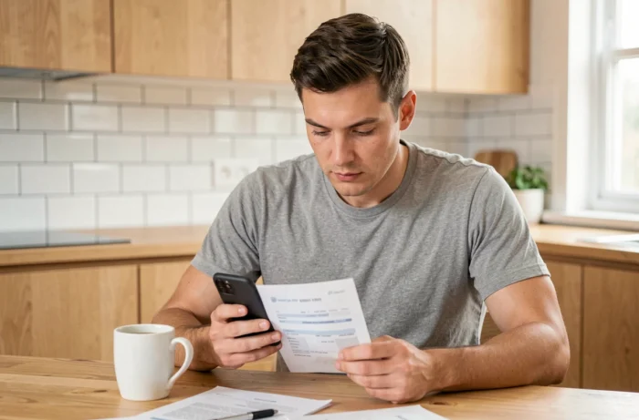 Homem consultando um aplicativo bancário em smartphone para identificar um titular de IBAN em casa