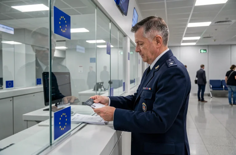 Agent des frontières européen contrôlant des documents dans un aéroport calme avec peu de passagers