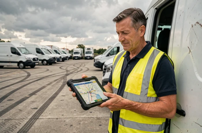 Coordinateur de flotte de livraison consultant un logiciel d'optimisation d'itinéraires sur un appareil mobile dans un dépôt
