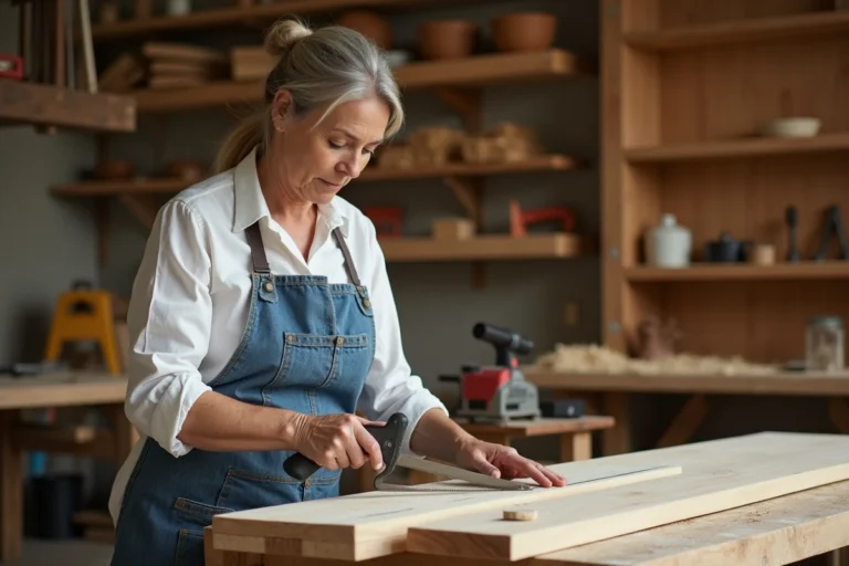 Artisane réalisant une coupe en biais sur une planche en bois avec une scie japonaise dans un atelier de menuiserie