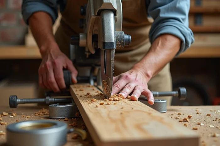 Gros plan de mains utilisant une scie à onglets pour effectuer une coupe en biais précise sur une planche en chêne
