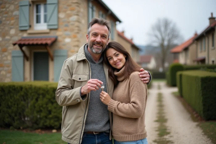 Couple devant leur maison acquise grâce à un prêt immobilier à taux avantageux