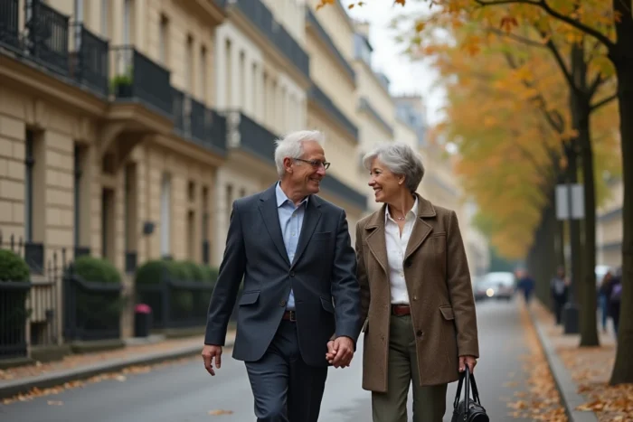 Couple élégant se promenant sur un boulevard parisien en automne, évoquant la vie privée et complice d'un journaliste reconnu et son épouse