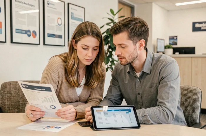 Couple examining car insurance coverage with an advisor in an insurance agency