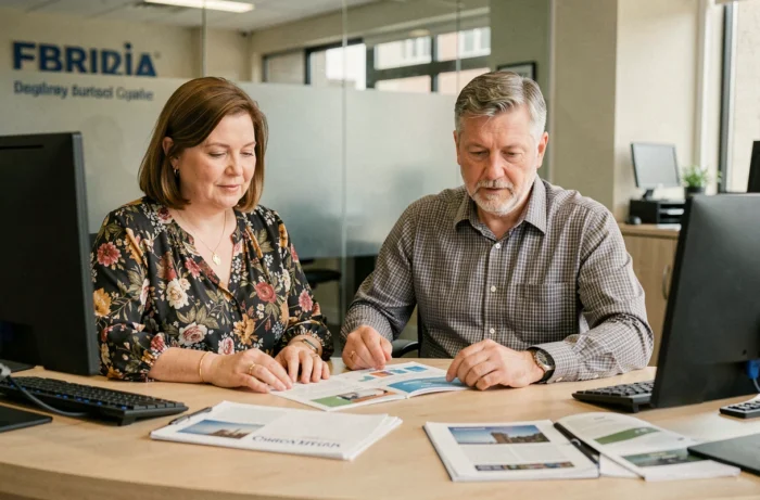 Couple discutant d'un prélèvement d'assurance LBP IARD avec un conseiller dans une agence de La Banque Postale
