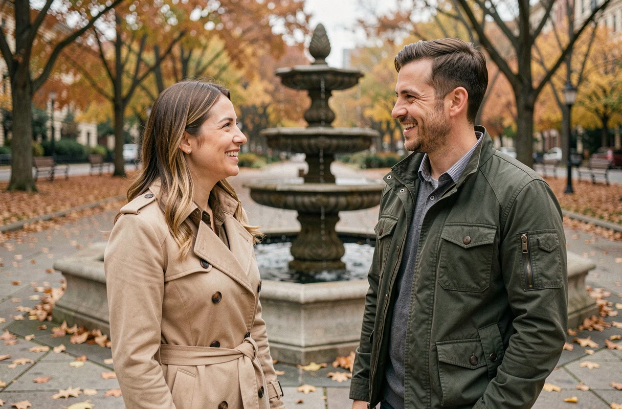Homme et femme souriants en conversation dans un parc en automne, illustrant un moment de flirt complice