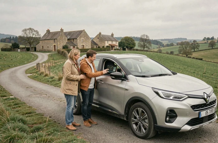 Couple français examinant l'écran tactile d'un crossover hybride neuf au bord d'une route de campagne en automne