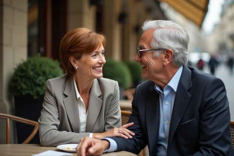 Couple élégant de seniors français souriant à une terrasse de café parisien, évoquant la vie privée et complice d'un couple célèbre