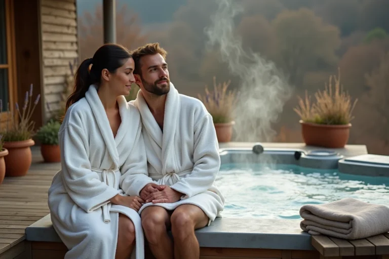 Couple en robe de bain profitant d'un jacuzzi privatif sur une terrasse en bois avec vue sur les vignes alsaciennes en automne