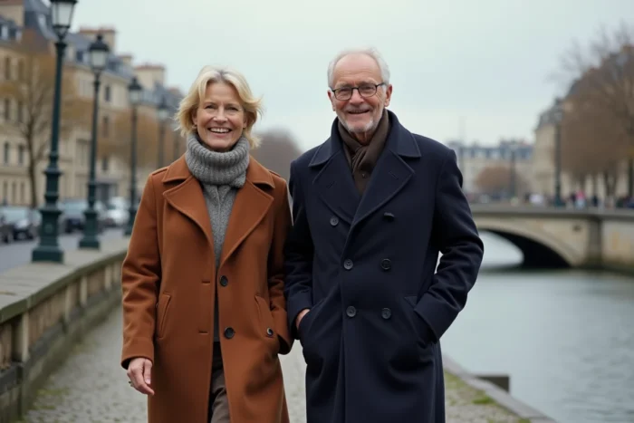 Couple mature et élégant se promenant le long de la Seine à Paris en manteaux chics, symbolisant la vie privée et amoureuse d'un couple franco-parisien
