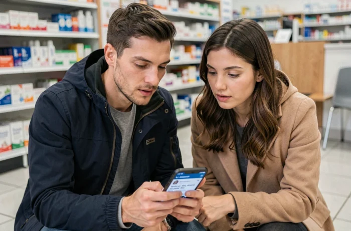Couple consultant des actualités santé sur un smartphone dans une salle d'attente de pharmacie