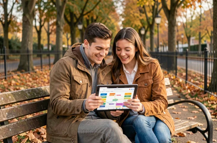 Couple découvrant le plan du site Les P'tits Bonheurs sur tablette dans un parc à Nantes