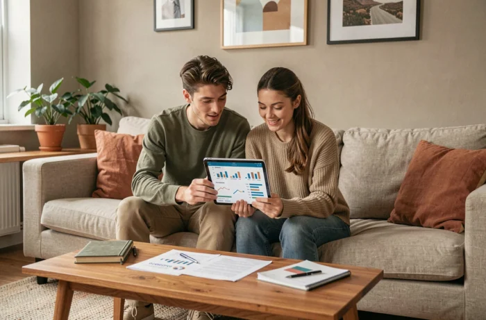 Couple planifiant ensemble leur épargne et optimisant leurs finances personnelles dans leur salon moderne