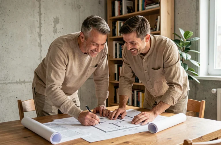 Couple examinant des plans immobiliers et des documents de projet autour d'une table en bois dans un appartement moderne
