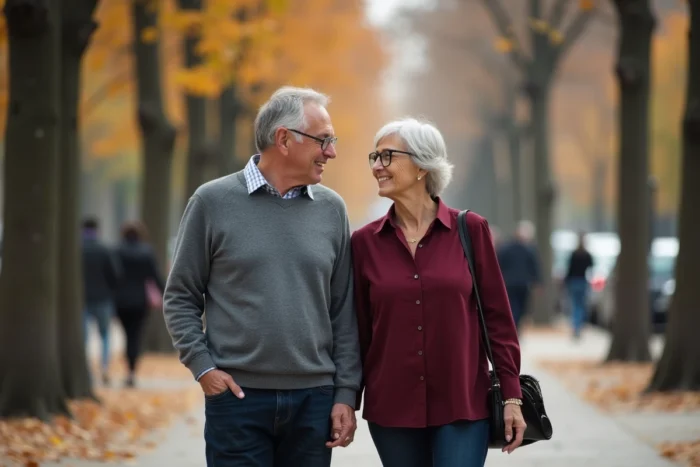 Couple élégant se promenant sur un boulevard parisien en automne, vie de couple et complicité en extérieur