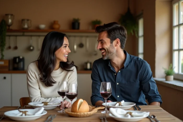 Couple partageant un repas convivial dans une cuisine provençale chaleureuse, vie de famille et intimité