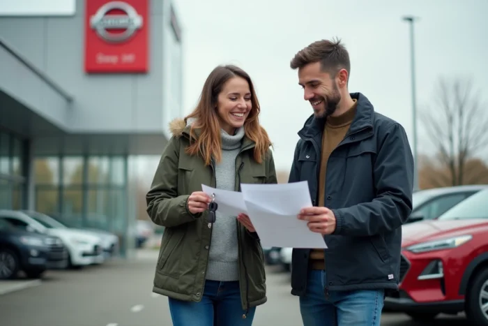 Un couple satisfait devant une concession Spoticar tenant les clés de leur voiture d'occasion après avoir consulté les avis clients