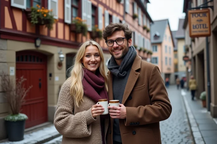 Couple savourant un vin chaud devant la façade à colombages d'un hôtel de charme dans un village alsacien pittoresque en hiver