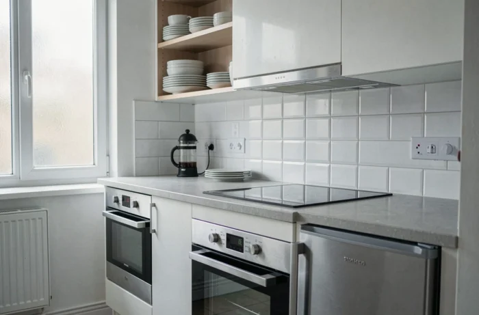 Cocina compacta completamente equipada en un apartamento de alquiler con electrodomésticos empotrados, encimera de piedra y almacenamiento abierto