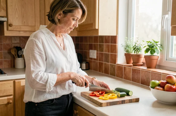 Femme préparant des légumes frais dans une cuisine naturelle pour adopter une alimentation saine au quotidien