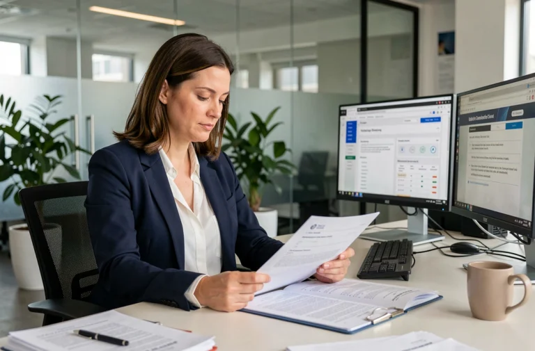 Professionnelle en bureau consultant des documents de conformité CNIL pour un site internet