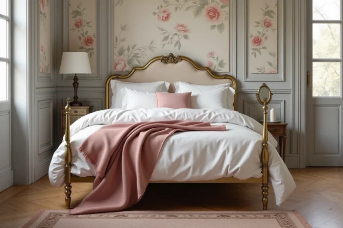 Chambre de style boudoir français avec cadre de lit en laiton ancien, linge blanc et jeté en cachemire rose poudré