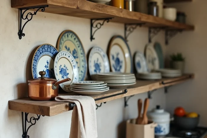 Étagère de cuisine de style français avec assiettes en faïence ancienne, casserole en cuivre et torchon en lin
