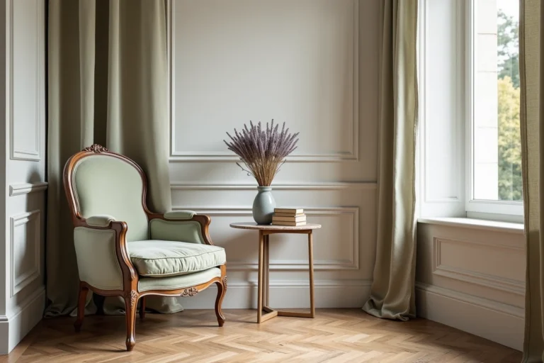 Salon de style français élégant avec fauteuil Louis XVI en velours sauge, parquet en chevrons et bouquet de lavande séchée