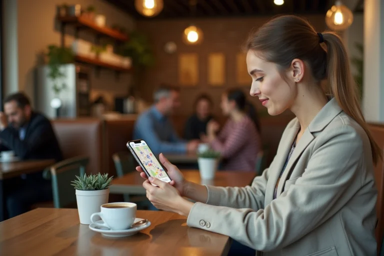 Femme découvrant de nouvelles adresses de restaurants sur son smartphone dans un café parisien en 2026