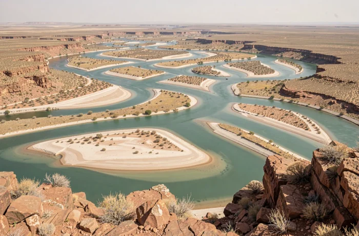 Unbekannter Flussdelta von einer felsigen Klippe aus gesehen, Netzwerk aus türkisfarbenen Kanälen und Sandbänken in einer halbtrockenen Landschaft