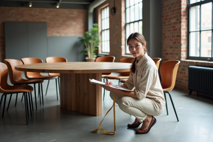 Designer d'intérieur mesurant une table ronde pour 8 personnes dans un appartement loft moderne