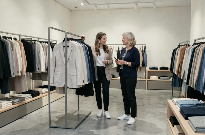 Two women discovering a fashion collection together in a contemporary boutique with clean lines