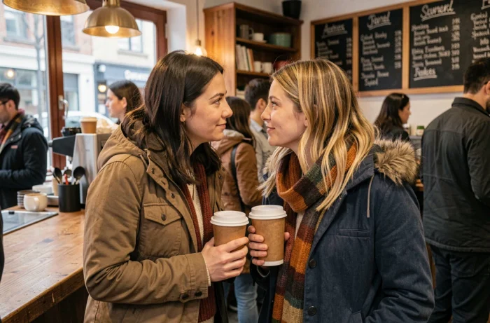 Duas mulheres trocando confidências em um café, símbolo da propagação de boatos na sociedade contemporânea