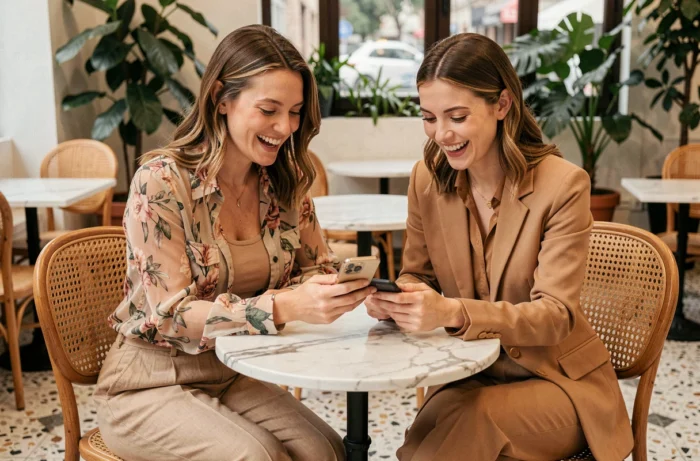 Deux femmes stylées aux tenues tendance assises dans un café moderne, partageant des idées de mode en ligne