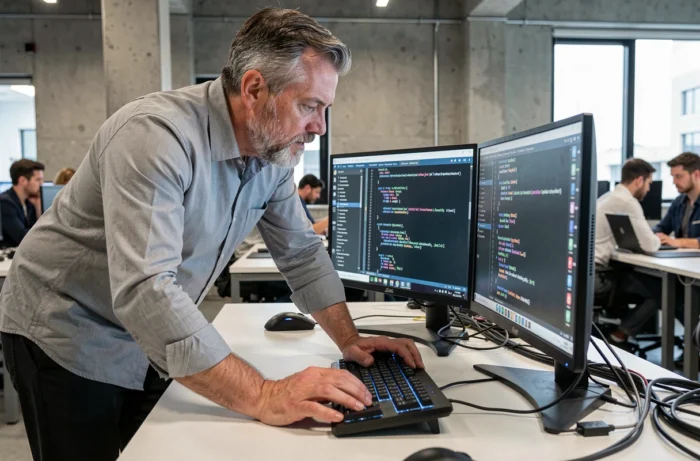 Male developer analyzing code on a dual screen in a modern open space office