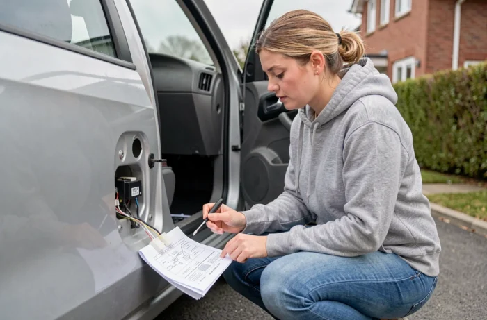 Woman diagnosing a faulty central locking system on her car in a residential driveway