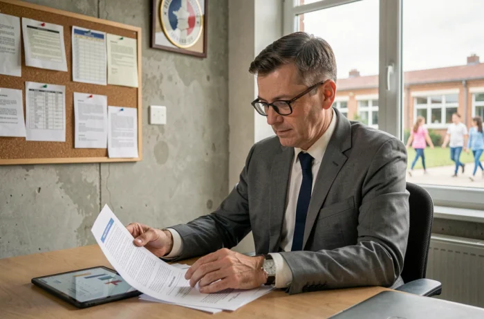 Directeur d'école française examinant des documents de réforme éducative dans son bureau, symbolisant l'évolution du système scolaire en France