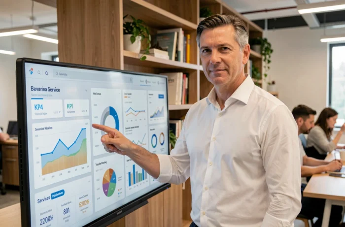 Chef d'entreprise présentant des indicateurs clés de performance sur un écran tactile dans un espace de coworking moderne