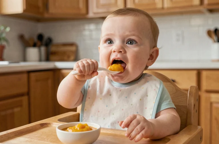 Bébé de 6 mois assis dans une chaise haute en bois, tenant une cuillère en silicone et découvrant sa première purée de légumes