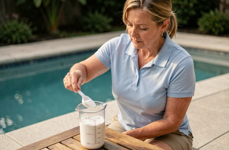 Femme dosant du percarbonate de sodium avec une cuillère mesureuse au bord d'une piscine extérieure