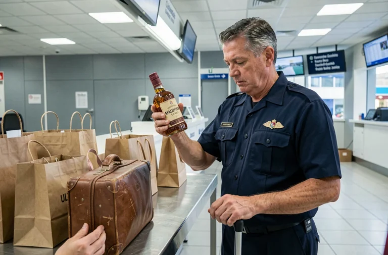 Douanier inspectant une bouteille de rhum mauricien à la douane d'un aéroport international