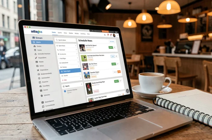 Computerbildschirm, der die Struktur einer Sitemap einer Sportseite zeigt, auf einem Tisch in einem Café mit Notizbuch
