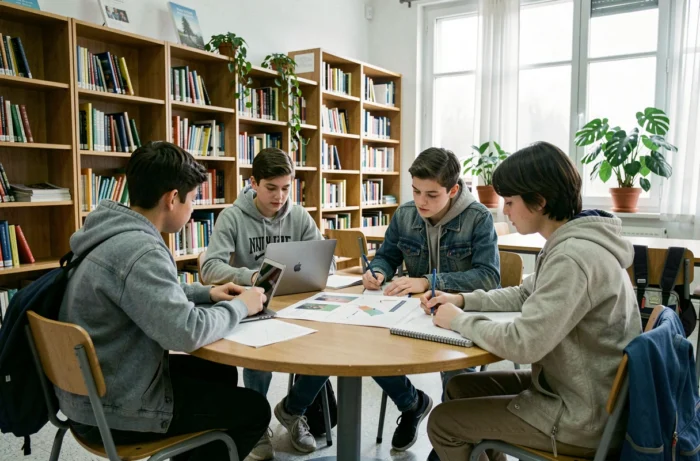 Groupe d'élèves de collège français travaillant en collaboration dans une bibliothèque scolaire moderne, reflet des nouvelles méthodes d'apprentissage