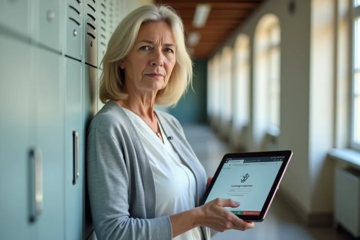 Une enseignante tenant une tablette affichant une erreur de connexion sur le portail Arena dans un couloir d'établissement scolaire