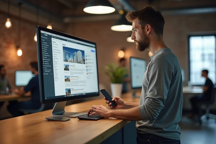 Entrepreneur masculin consultant des petites annonces professionnelles en ligne dans un espace de co-working moderne